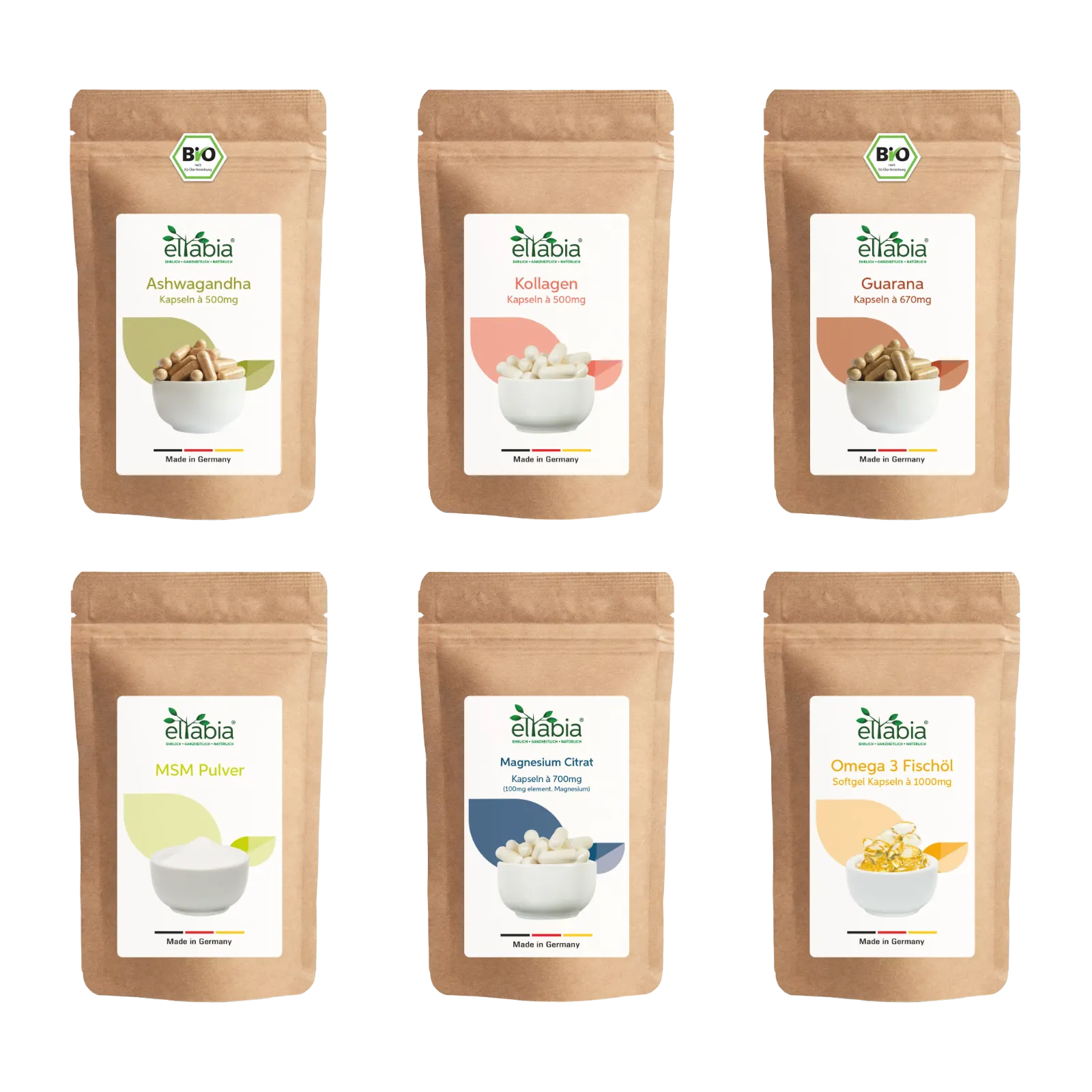 TrainingsPaket Nahrungsergänzung - Ashwagandha, Kollagen, Guarana, MSM Pulver, Magnesium Citrat, Omega 3 Fischöl