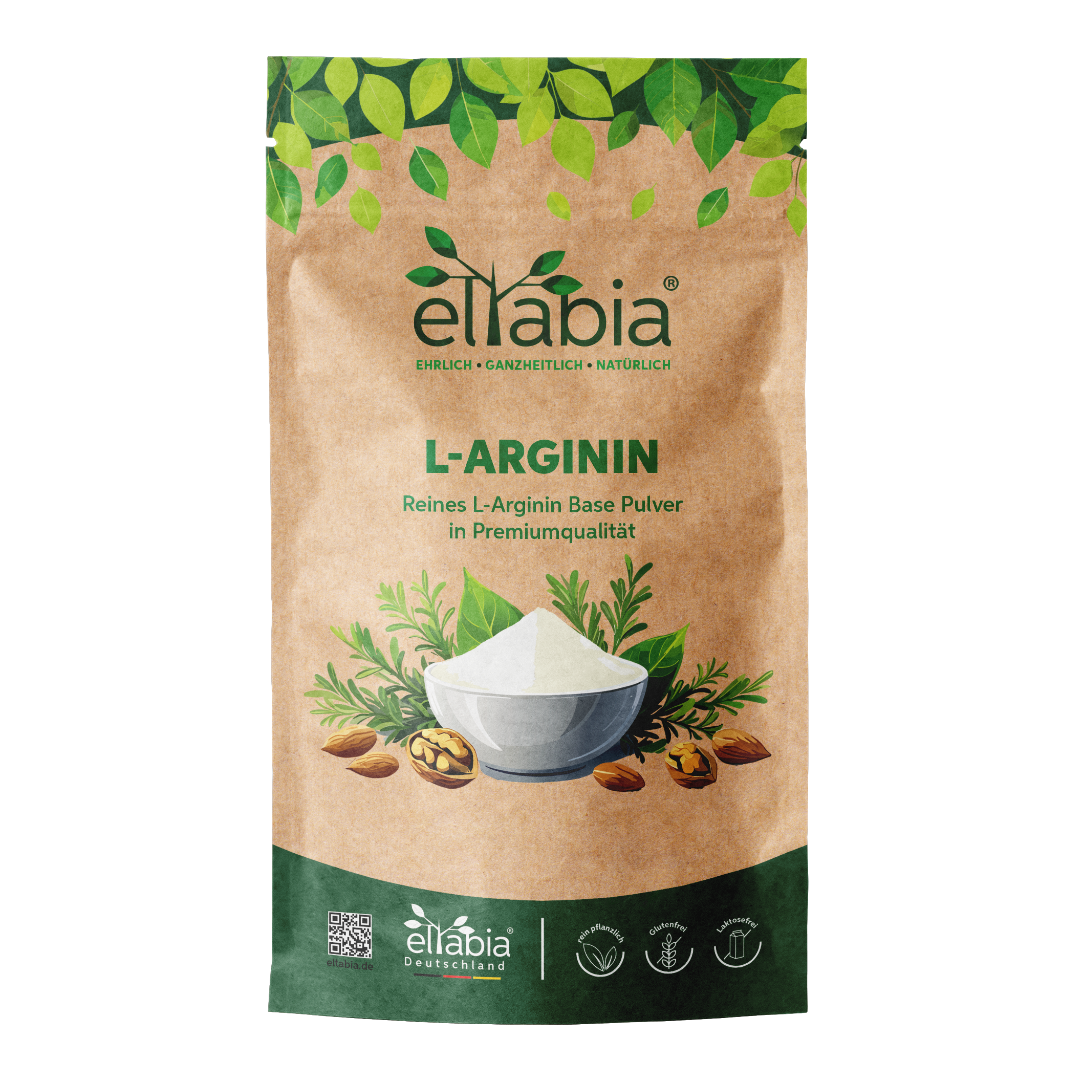 L-Arginin Base Pulver vegan von eltabia – Vorderseite der Verpackung