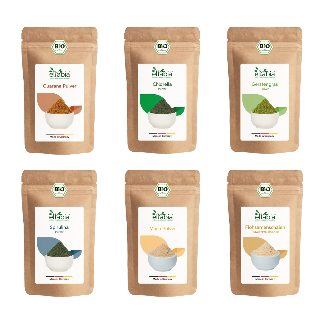 Superfood Probierpaket Pulver - Guarana, Chlorella, Gerstengras, Spirulina, Maca, Flohsamenschalen