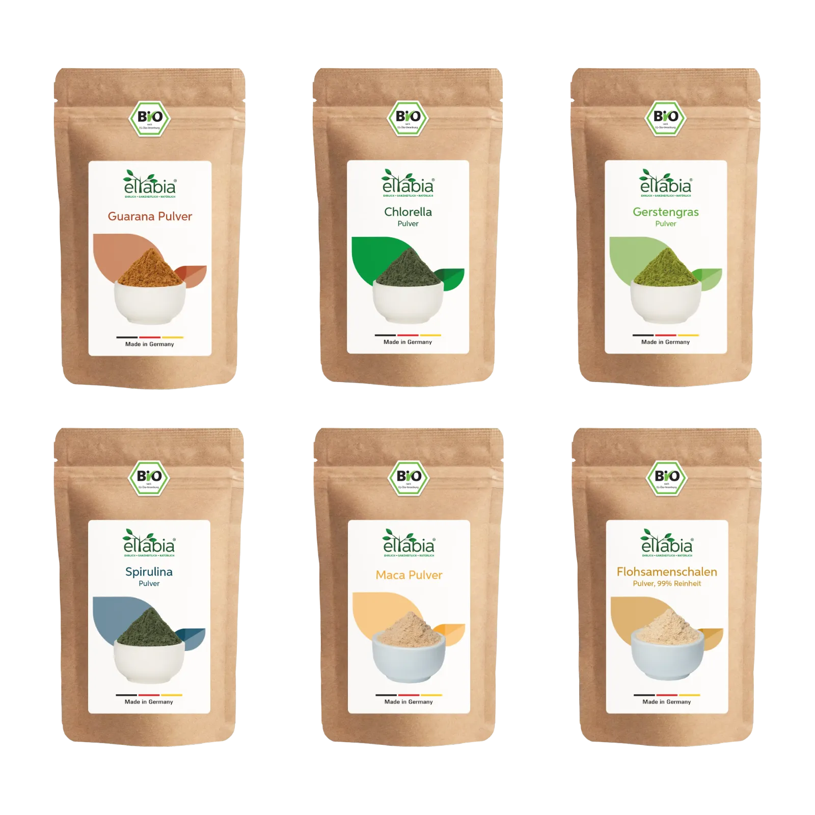 Superfood Probierpaket Pulver - Guarana, Chlorella, Gerstengras, Spirulina, Maca, Flohsamenschalen