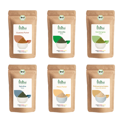 Superfood Probierpaket Pulver - Guarana, Chlorella, Gerstengras, Spirulina, Maca, Flohsamenschalen