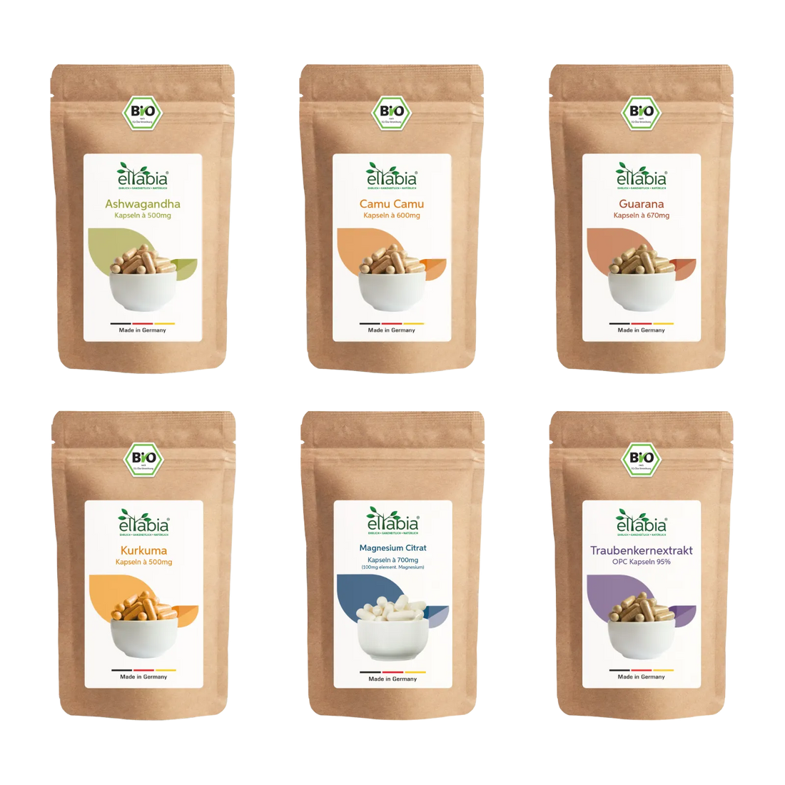 Superfood Probierpaket - Ashwagandha, Camu Camu, Guarana, Kurkuma, Magnesium Citrat, Traubenkernextrakt OPC