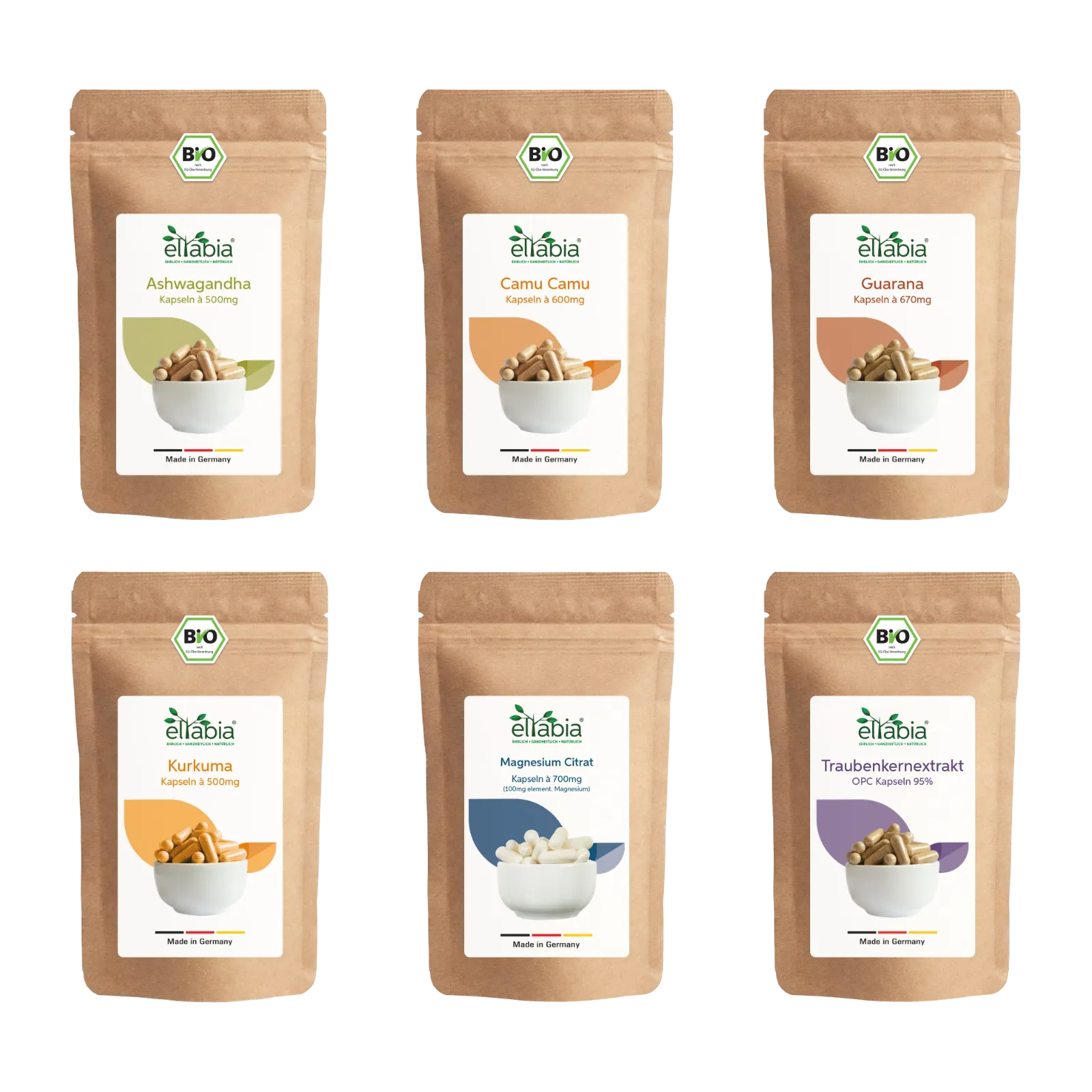 Superfood Probierpaket - Ashwagandha, Camu Camu, Guarana, Kurkuma, Magnesium Citrat, Traubenkernextrakt OPC