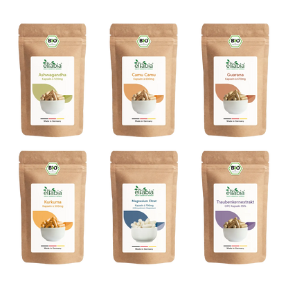 Superfood Probierpaket - Ashwagandha, Camu Camu, Guarana, Kurkuma, Magnesium Citrat, Traubenkernextrakt OPC