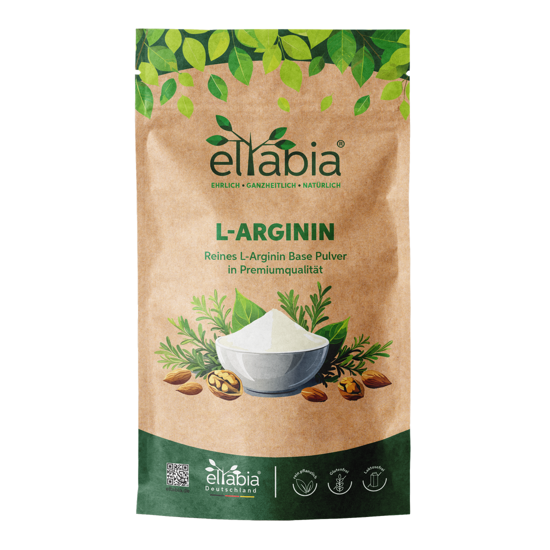 L-Arginin Base Pulver vegan von eltabia – Vorderseite der Verpackung